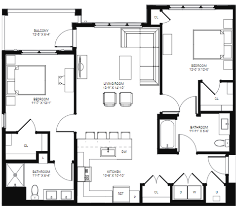 2 Bedroom Floor Plan with 1,203 Sq. Ft. at Glen Oaks Apartments in Wall, NJ